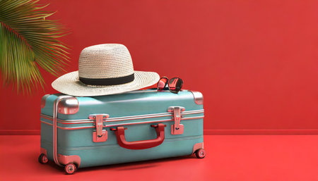 suitcase with hat and sunglasses on red background travel concept minimal style 3d renderingの素材