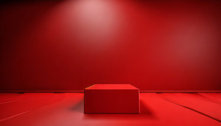 red pedestal on a red background with place for text cube wall and floor 3d illustrationの素材
