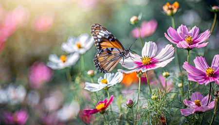 field of colorful cosmos flower and butterfly in a meadow in nature in the rays of sunlight in summer in the spring close up of a macro a colorful artistic image with a soft focus beautiful bokehの素材