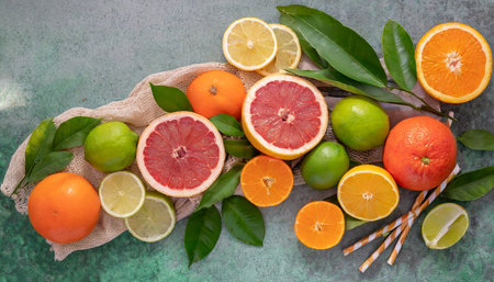 colorful citrus fruis food background top view mix of different whole and sliced fruits orange grapefruit lemon lime and other with leaves on green stone tableの素材