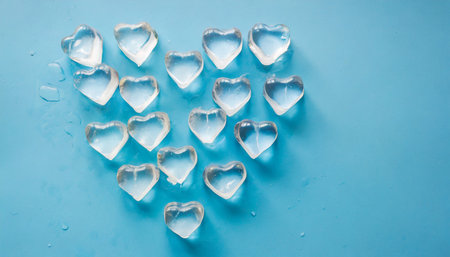 group of melting heart shaped ice cubes placed on a light blue background in top view copy space the concepts are heartbreak calmness cold hearted people love sadness and cryingの素材