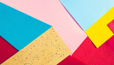 texture banner background of fashion papers in memphis geometry style yellow blue light blue red and pastel pink colorsの素材