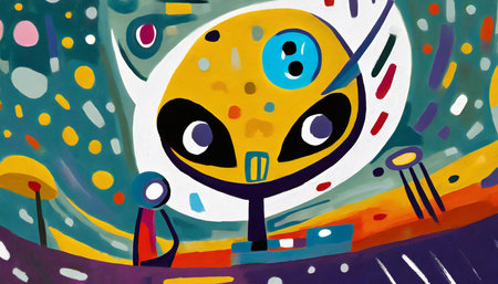 painting style illustration abstract face alien cartoon character in modern contemporary art generative aiの素材
