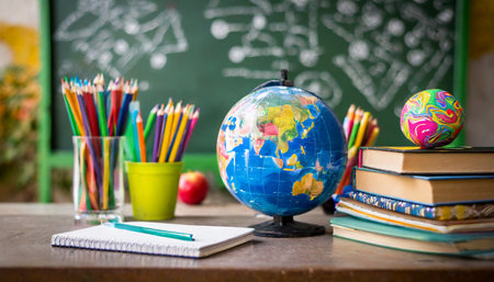 a school table with pencils colored pencils a world ball school books and in the background an out of focus blackboard primary education and back to schoolの素材