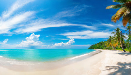 beautiful beach with white sand turquoise ocean and blue sky with clouds in sunny day panoramic view natural background for summer vacationの素材