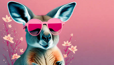 kangaroo in pink glasses banner with pink background australian animal advertising sale postcardの素材