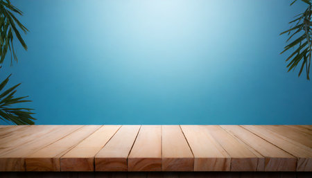 wood table top on gradient light blue backgroundの素材