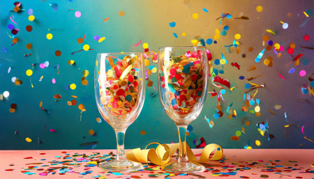 glasses with confetti on color backgroundの素材