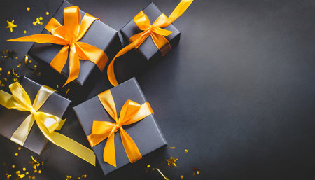 dark gift boxes with satin ribbon and bow on black background holiday gift with copy space birthday or christmas present flat lay top view christmas giftbox black friday conceptの素材
