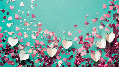 background with glitter heart confetti valentine day concept trendy minimalistic flat lay design backgroundの素材