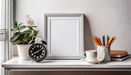 mockup of a white background with an empty frame a round wall clock supplies and a cup desk for a home office with small space generative aiの素材