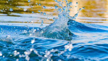 water splashes and drops on background abstract background with blue water waveの素材