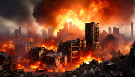 an image representing a destroyed city in a fire storm generative aiの素材
