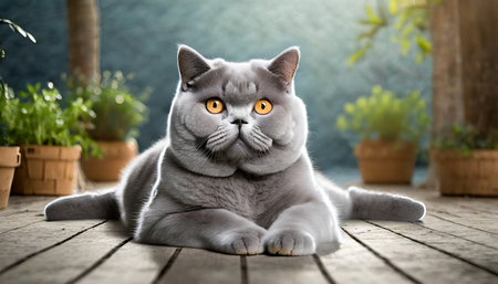 british shorthair cat lying down on the groundの素材