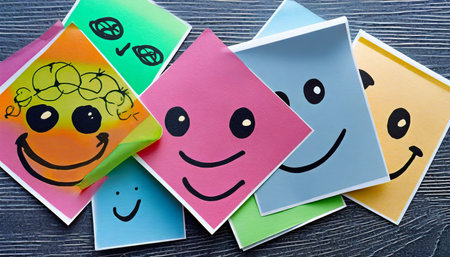 set of funny colored stickers with different emotionsの素材