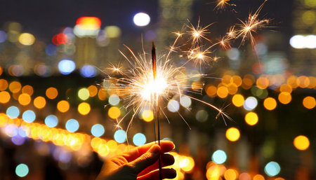 sparkler with blurred busy city light backgroundの素材