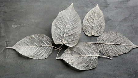 skeleton leaves on grey background close upの素材