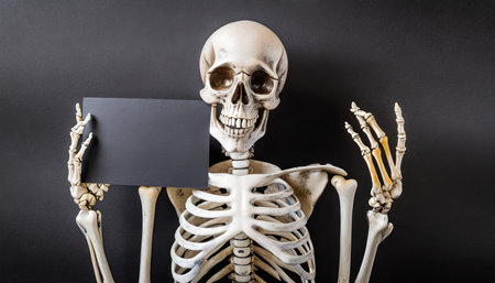 skeleton holding black empty card on black background mockup for halloween cardの素材