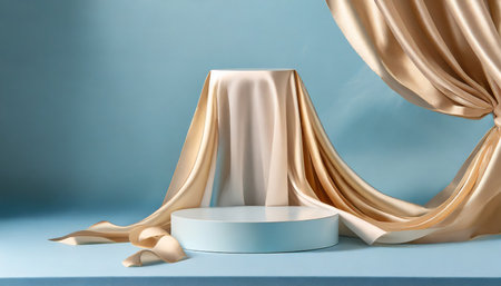 geometric podium on light blue background with draped champagne color silk cloth empty showcase for cosmetic product presentation promotion saleの素材