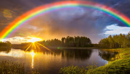 beautiful evening sunset with rainbowの素材