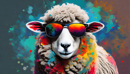 abstract of fashion style sheep wearing sunglasses portrait on clean background sheep fur multi colored colorful on skin body and hairs paint with generative aiの素材