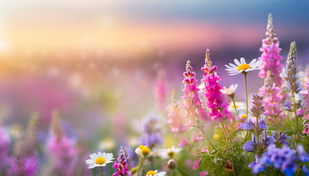 beautiful colorful meadow of wild flowers floral background landscape with purple pink flowers with sunset and blurred background soft pastel magical nature copy spaceの素材