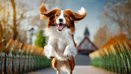 kooikerhondje dog jumping standing up happy on background generative aiの素材