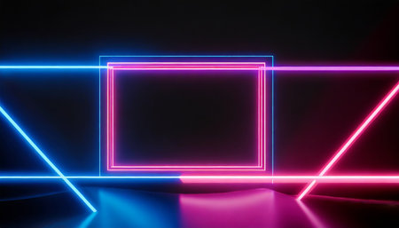 parallelogram rectangle picture frame with two tone neon color shade motion graphic on black background blue and pink light for overlay element 3d illustration rendering wallpaper backdropの素材