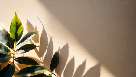 leaf shadow and light on wall beige background nature tropical leaves plant and tree branch shade with sunlight on wall texture for background wallpaper and design shadow overlay effectの素材