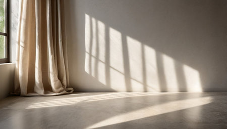 neutral modern empty room with sunlight shadow white blank wall background beige linen curtain and stone floor or tabletop aesthetic minimalist interior design templateの素材