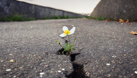 a small flower has broken through the asphalt and is blooming a concept of hope and rebirthの素材