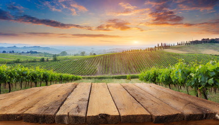 empty wooden table on the background of vines tuscan landscape at sunriseの素材