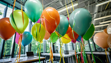 helium balloons with ribbons in the office colorful festive background for birthday celebration corporate party anniversary children s holidayの素材