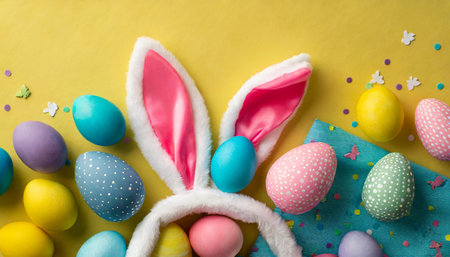 easter celebration concept top view vertical photo of colorful easter eggs and easter bunny ears on yellow background with empty spaceの素材