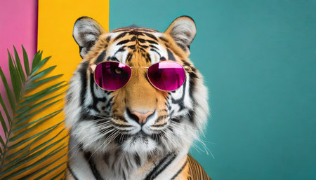 funny tiger wearing sunglasses in studio with a colorful and bright background generative aiの素材