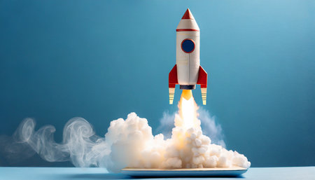 toy rocket takes spewing smoke on a blue background the symbol for success is startup education and knowledge generative aiの素材