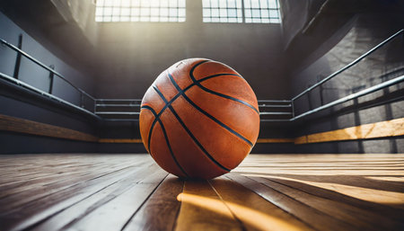 low angle view of basketball on wooden gym floorの素材