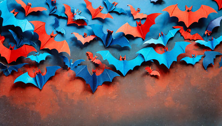 photo of blue and red flying paper bats on empty halloween backgroundの素材