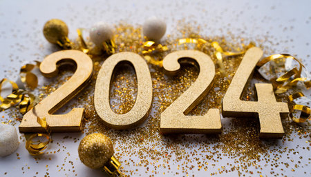 close up of number 2024 and gold glitter on white background the concept of new year christmas greetings from business colleagues and invitations to new year s eve celebrationsの素材