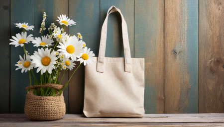 rustic tote bag mockup with daisyの素材