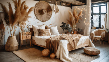 interior of a bedroom in boho styleの素材