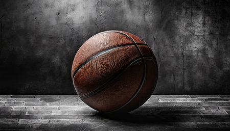 basketball ball on dark concrete wall texture background background for product display banner or mockupの素材