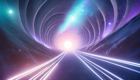 a 3d render of a hyperspace tunnel with an expanding galaxy showcasing a cosmic explosion of energy and glow the universe comes alive with bright stars cosmic rays and a neon burstの素材