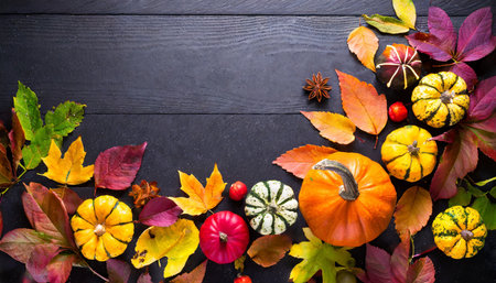 autumn frame with cute colorful leaves and pumpkins thanksgiving and harvest day trendy black wooden background with beautiful leaves fall leaf border with copy spaceの素材