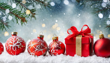 red christmas balls with xmas present gift boxes in a row on snow christmas bannerの素材