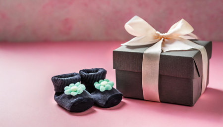 pair of small baby socks and gift box on pink background with copy space for your warm message baby shower first newborn party background copy spaceの素材