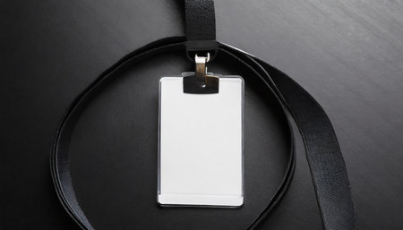 white id card badge with black belt on black background mockup for design templateの素材