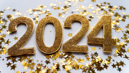 close up of number 2024 and gold glitter on white background the concept of new year christmas greetings from business colleagues and invitations to new year s eve celebrationsの素材