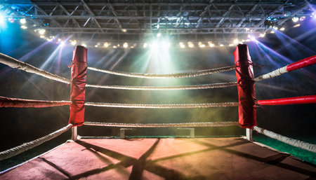 empty boxing ring with red ropes for match in the stadium arena creative artwork decorationの素材