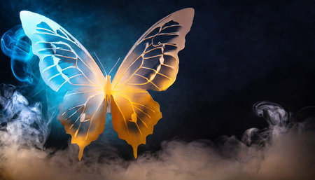 shining butterfly from paper on a dark background with gradient warm and cold smoke magical creature concept with copy spaceの素材